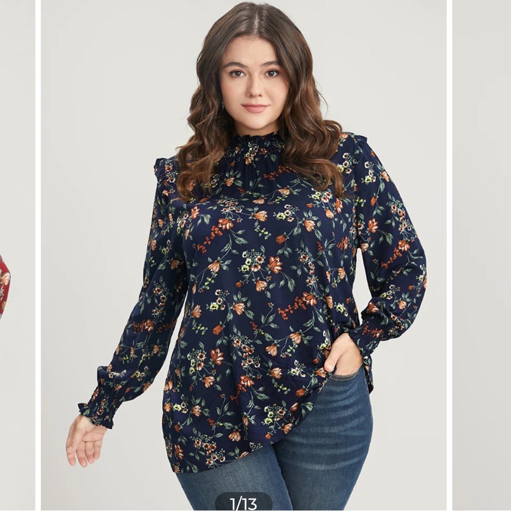NWT Floral Lantern Sleeve Mock Neck Blouse